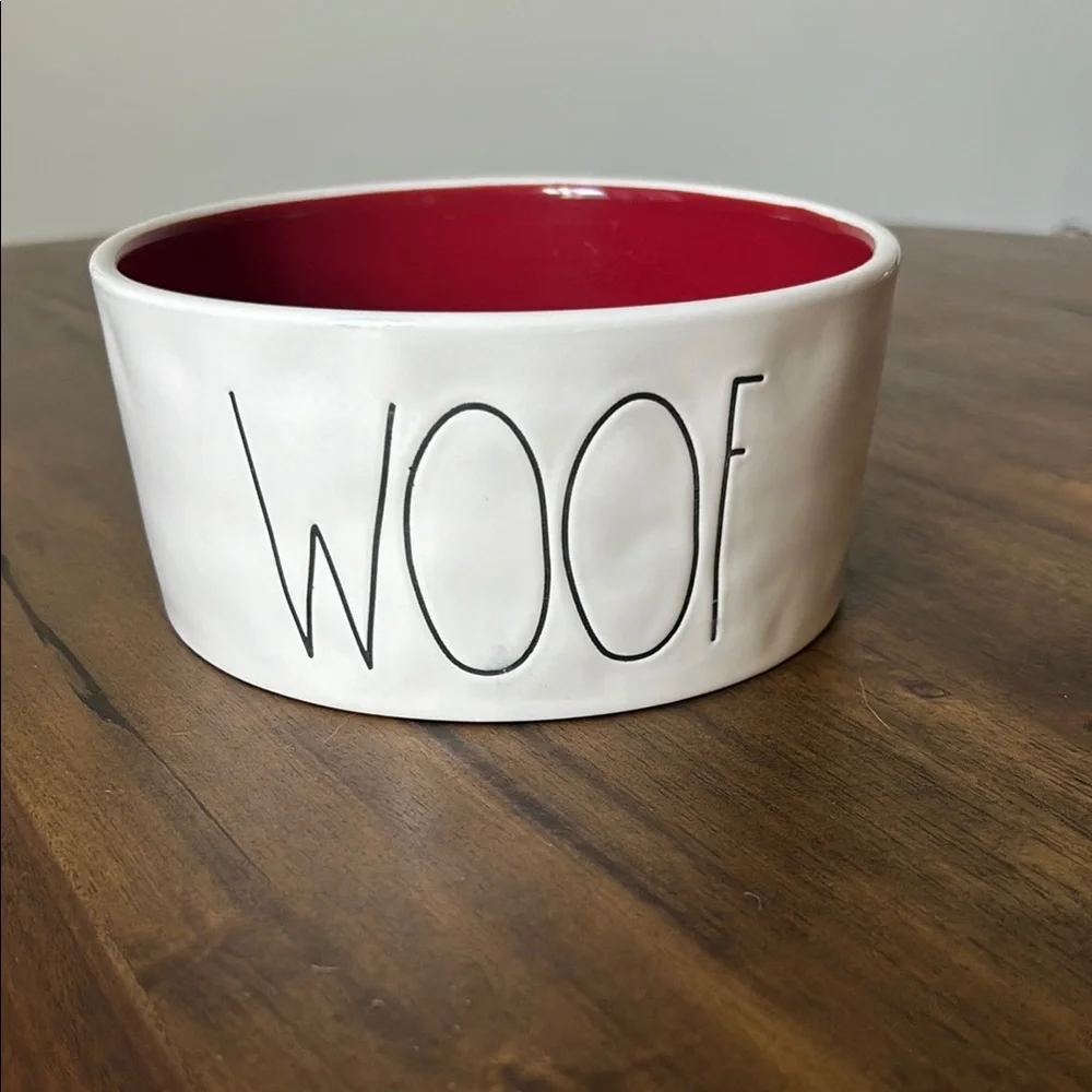 Rae Dunn by Magenta White and Red Dog Bowl with 'WOOF' Design